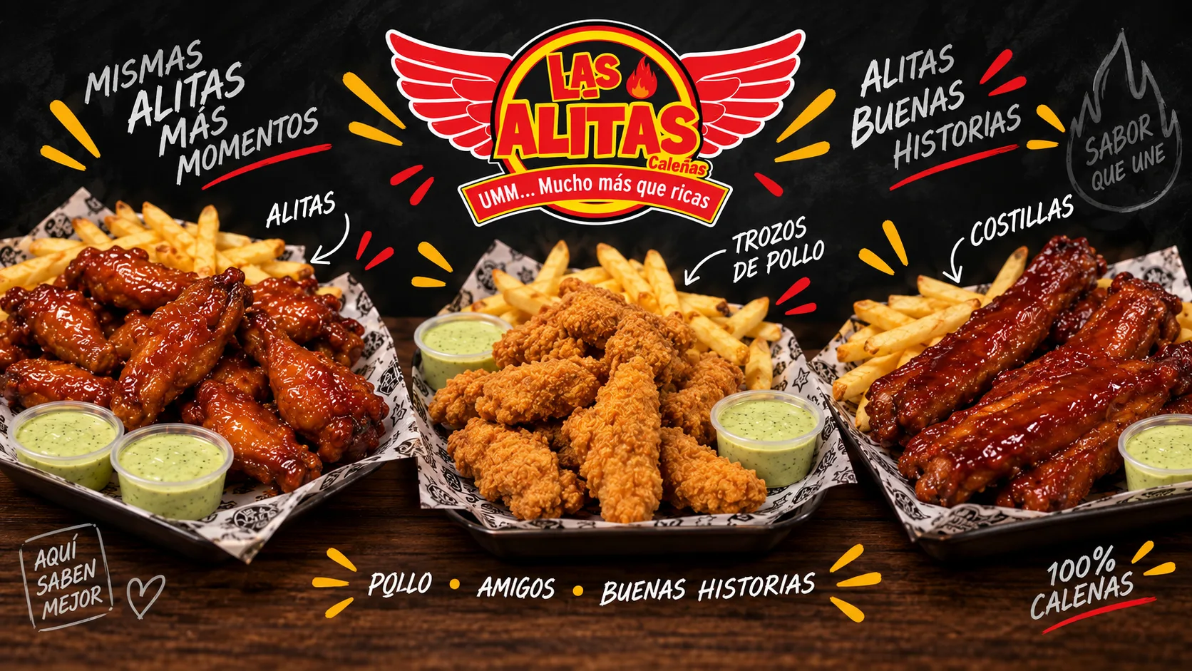Las Alitas Caleñas: alitas, trozos de pollo y costillas BBQ